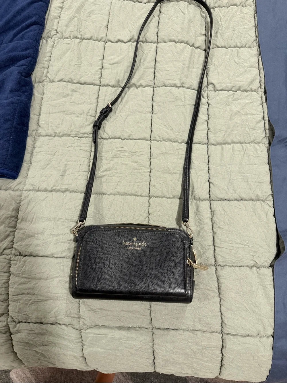 kate spade black leather double-zip crossbody with gold hardware